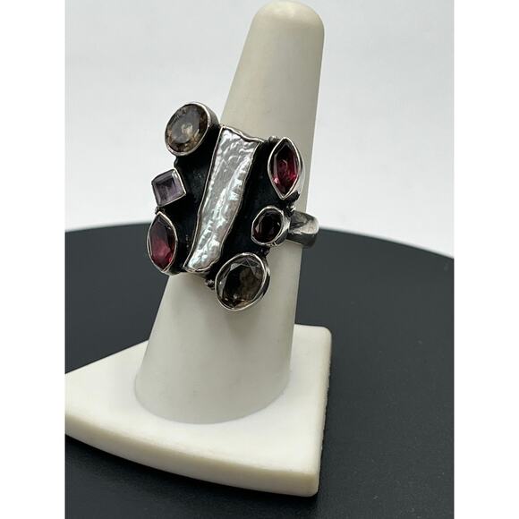 Sterling Silver Vintage Baroque Pearl MultiGemstone Citrine Amethyst Ring  7.75 - Picture 12 of 12